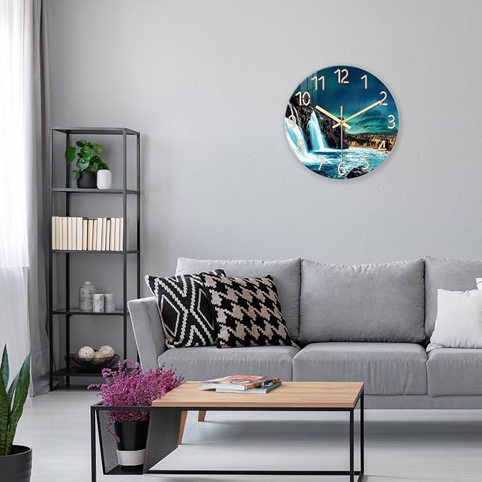 XNM 14 Inch Glass Kitchen Clocks Wall Battery Operated Teal Wall Clock Decorative Natural Landscape Quiet Clock Analog