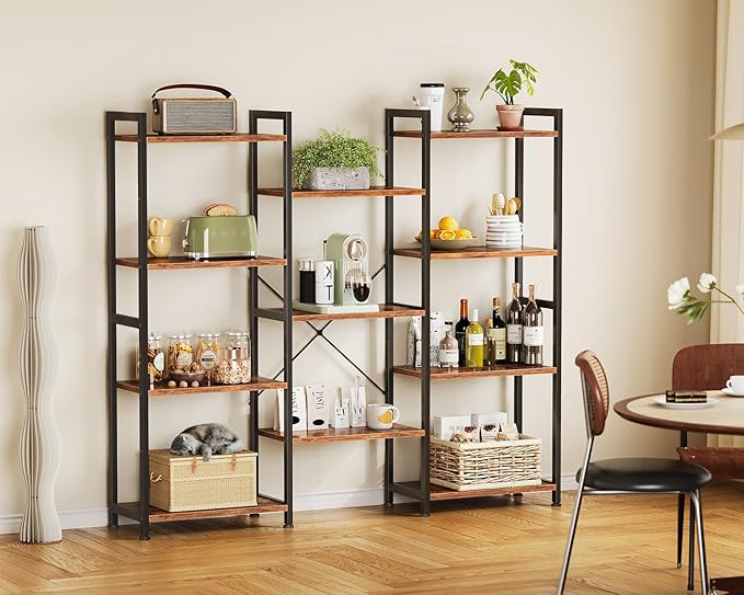 Casaottima Triple 4 Tier Bookshelf, Large Bookcase with 11 Open Display Shelves, Modern Industrial Book Shelves Book Case for Bedroom, Wide Standing Shelving Unit for Living Room Home Office, Vintage