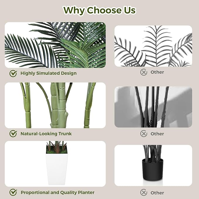 Artificial Areca Palm Tree 5FT Fake Potted Plant Faux Silk Tropical Areca Palm Real Bark Design, Large Artificial Plant in Tall White Pot for Home Living Room House Warming Floor Decor