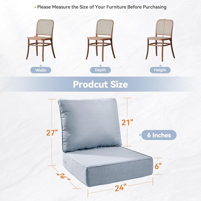 Luxury 6" Outdoor Cushions for Patio Furniture, 24x24x6 Thick Seat Cushion Set of 3, Fade Resistant Couch Chair Replacement Cushions High Density Wicker Chair Cushion w/Removable Cover Baby Blue