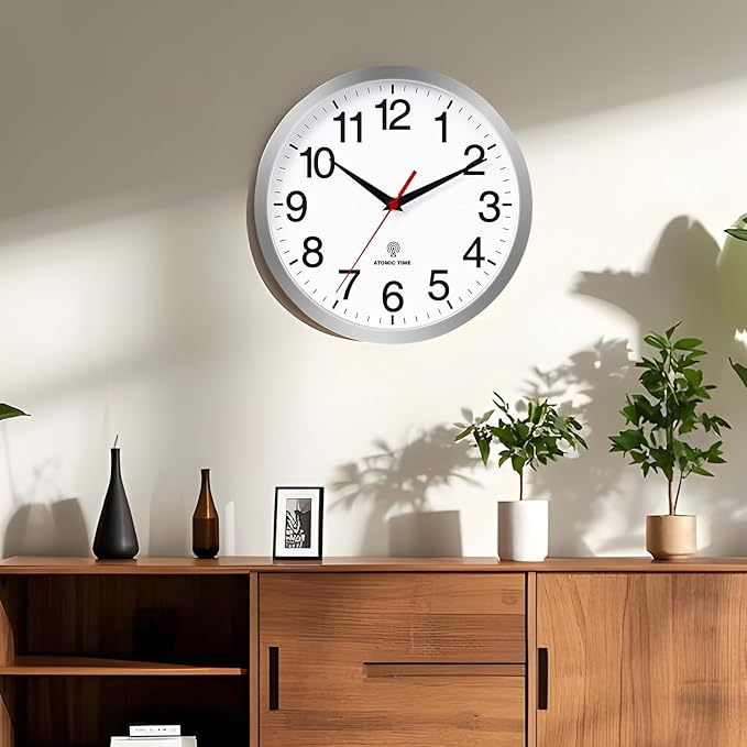 Atomic Wall Clock Modern 10 Inch Battery Operated Silent Non Ticking Analog Clock Decorative for Bedroom Kitchen Bathroom Office Home Living Room (Silver)