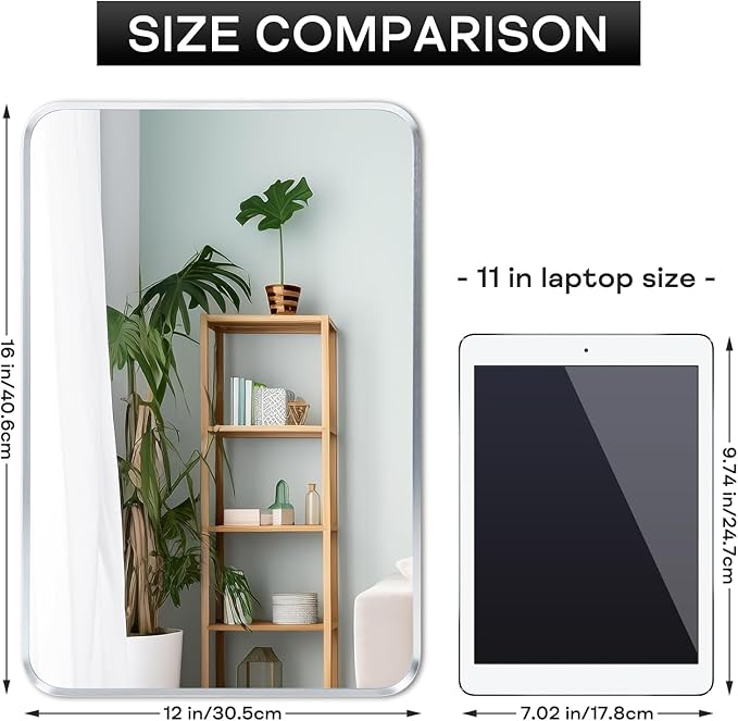 Wall Mount Small Mirror, Brushed Silver Metal Framed Rounded Corner Rectangular Makeup Mirror for Bathroom, Bedroom, Living Room (12" x 16", Silver)