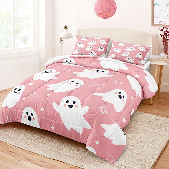Cartoon Ghost Bedding Set Pink Halloween Comforter Set for Girls Kids Shy Ghost Kawaii Halloween Decor Ghost Festival Theme Pink and White Bedding Comforter Set King Size