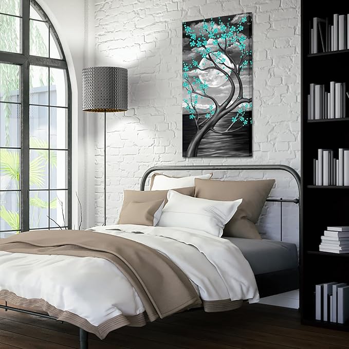 KREATIVE ARTS Teal Flower Tree Wall Art for Bedroom Cherry Blossom Tree in Full Moon Night Landscape Canvas Prints Artwork for Home Wall Decoration Ready to Hang Vertical 20x40inch (Green)
