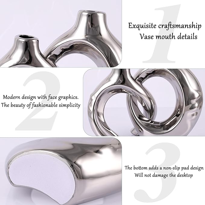 Silver Home Decor Ceramic Vase, Round Vase with Holes Set of 2, Suitable for Wedding Entrance Decoration, Bookshelf, Mantel, Unique Home Decor (Silver)
