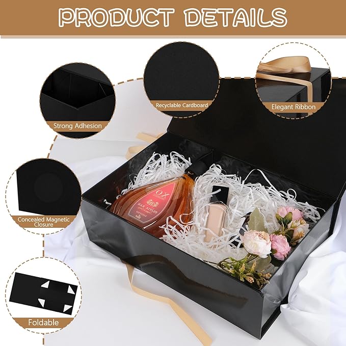 RayofSun Black Gift Box,13.8" x 9" x 4.3" Large Groomsmen Proposal Box with Magnetic Closure Lid and Ribbon for Anniversary Wedding Birthday Graduation Festivals (1 Pack)