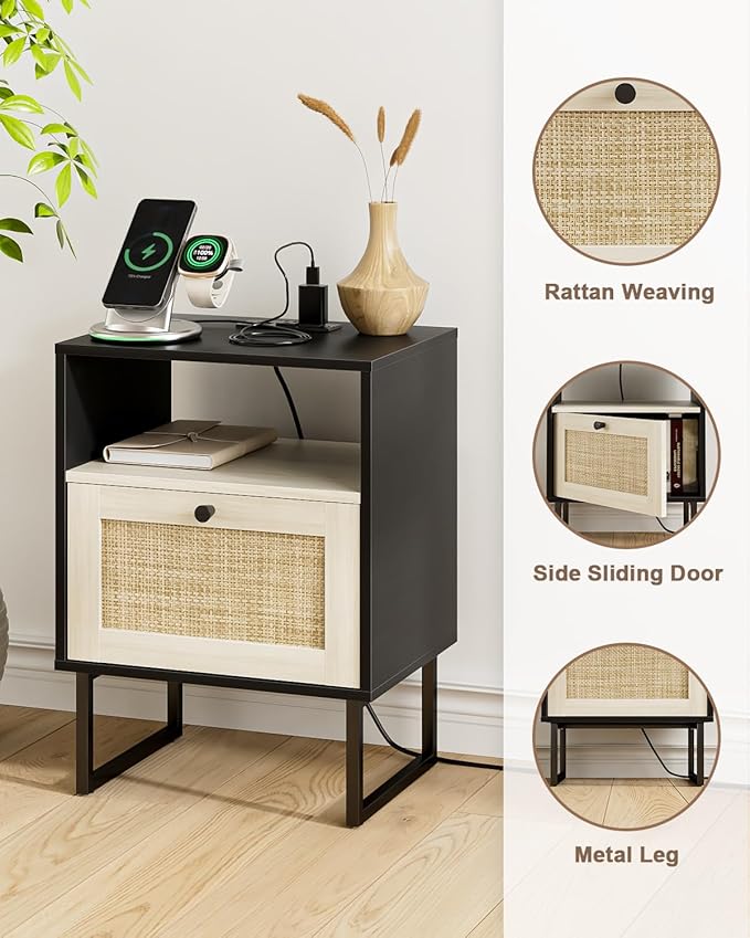 Rattan Nightstand with Charging Station, Boho Night Stand Farmhouse Wood Bedside Table with Storage and Open Shelf, End Side Accent Table for Bedroom,Living Room,Black and Oak