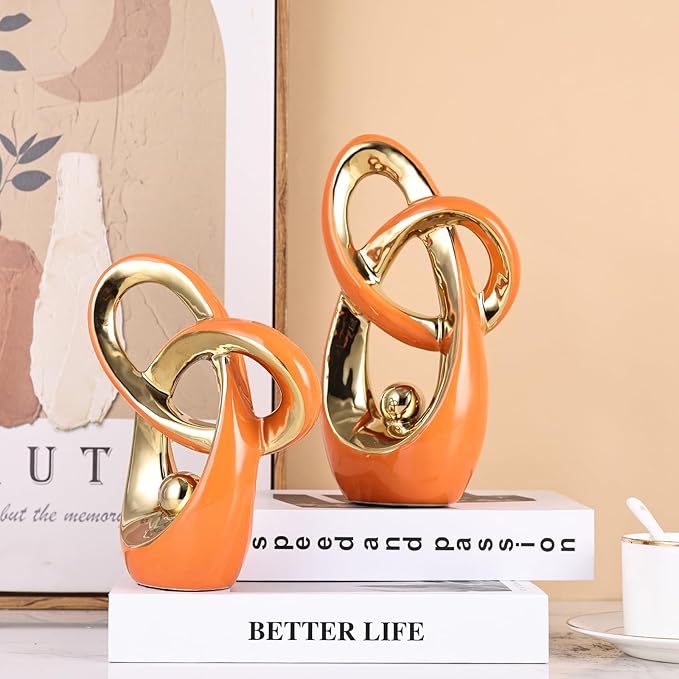 Orange Modern Abstract Art Home Decor Accent,Statues Coffee Table Decor for Living Room,Table Centerpieces for Dining Room,Ceramic Sculptures and Gold Knick Knacks for TV Stand Decor (Orange Gold)