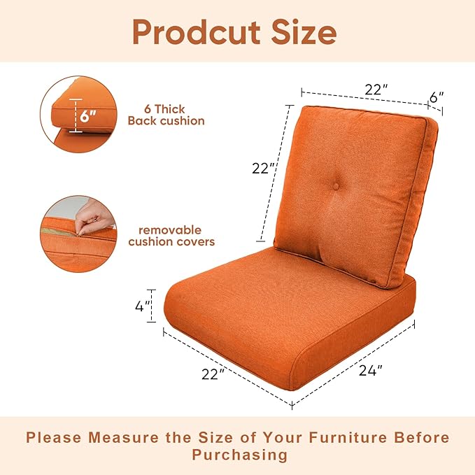 10-Piece Outdoor Patio Cushion Set - Fade & Water Resistant with Removable Olefin Cover, 22x24x4 Inch Memory Foam Cushions for Wicker Sectional Sofa – Orange/Buckle