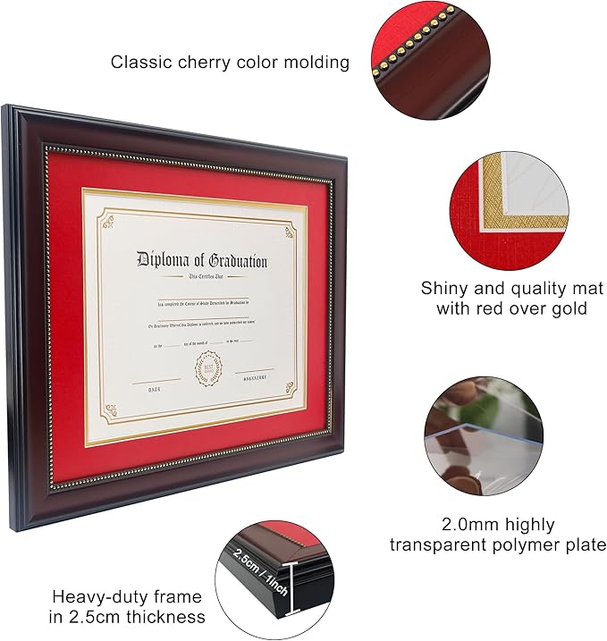 GraduatePro 8.5x11 Diploma Frame with Red Over Gold Mat or Display 11x14 Document Without Mat, CPA License Frame, UV Protection Acrylic, Mahogany with Gold Beads
