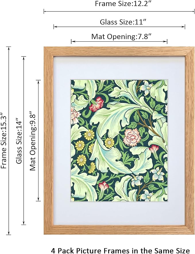 11x14 Picture Frame Set of 4 OAK Solid Wood with Real Glass for Pictures 8x10 with Mat or 11x14 Without Mat, Wall Mount or Tabletop Gallery Photo Frames(4 Pack, Oak)