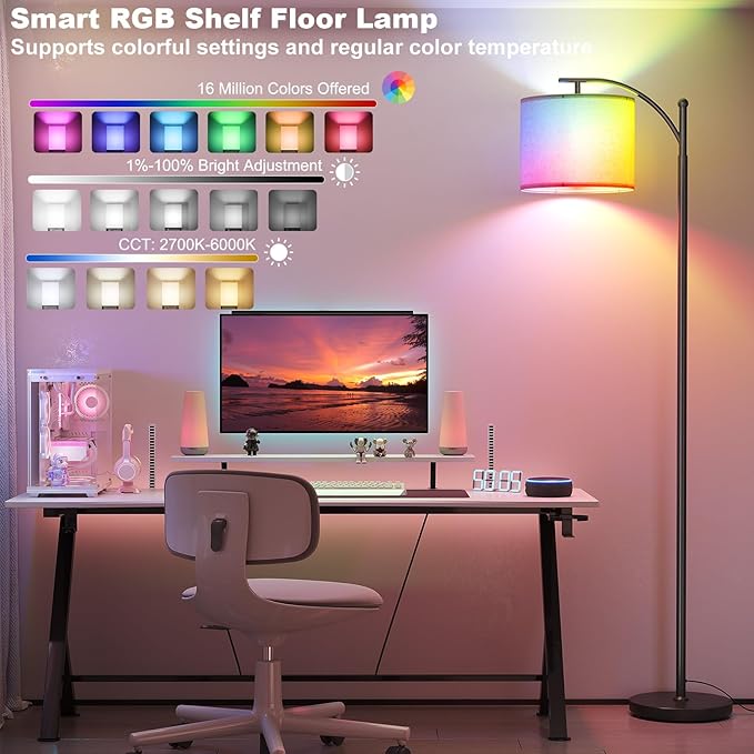 SUNMORY ARC Floor lamp, Smart APP Remote Control Standing Floor lamp with RGB Bulb, Tall Lamp with Hanging Lampshade, Dimmable Floor Lamp, Modern Floor Lamps for Living Room, Bedroom, Office