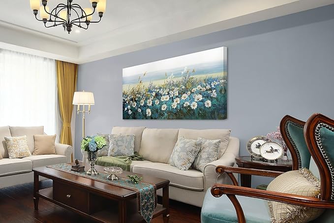Arjun Flowers Wall Art Canvas White Daisy Floral Painting Blue Coastal Teal Landscape Picture Turquoise Textured Large Framed Artwork for Living Room Bedroom Bathroom Office Home Wall Decor, 48"x24"