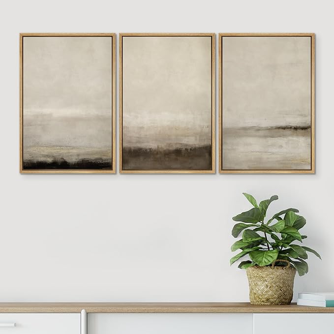 SIGNWIN Framed Canvas Print Wall Art Set Misty Horizons Tranquil Scenery in Monochrome Abstract Modern Art Bohemian Decorative for Living Room, Bedroom, Office - 16"x24"x3 Natural