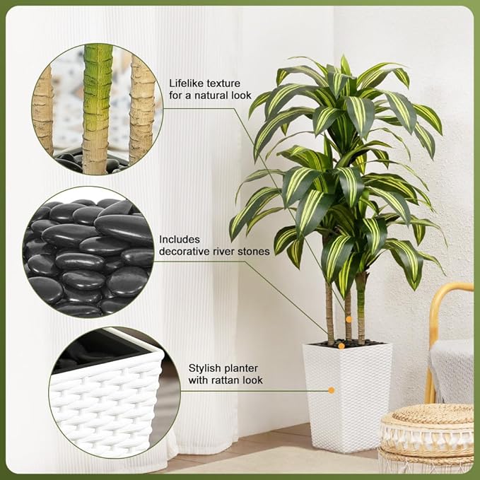 Artificial Dracaena Tree 5FT - UV Resistant Faux Tree with Large Taper Planter & Pebbles - Tall Fake Plants Indoor & Outdoor, Potted Floor Plant for Home Living Room Porch Decor, VN127