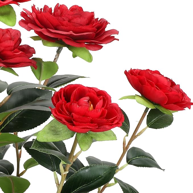 Romantic Season 2FT Red Artificial Camellia Tree 2Pack, Faux Camellia Plant Fake Potted Camellia Flower Tree for Modern Home Office Living Room Floor Décor