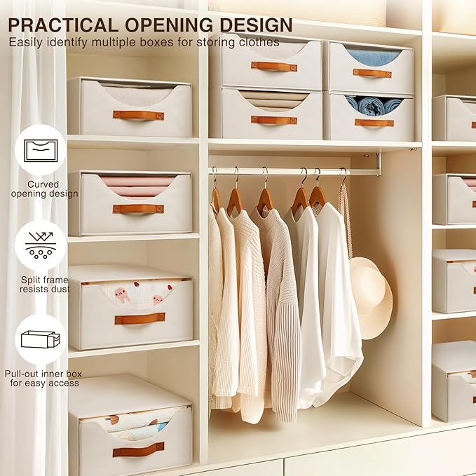 Large Closet Organizers and Storage - Stackable Storage Bins with Drawer, Fabric Containers for Organizing, Collapsible Organizer Bins for Bedroom, 8 Pack, Beige