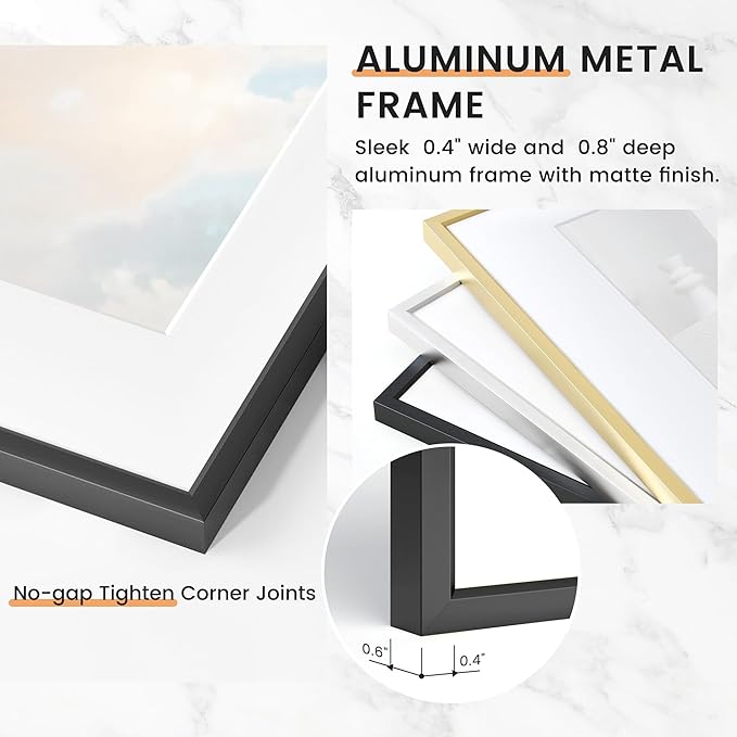 8x10 inch Metal Picture Frame - 8 x 10 Thin Aluminum Photo Frames with 5x7 Removable Mat - High Definition Plexiglass - Ideal for Wall or Tabletop Display - Wall Hook Hanging Hardware Included - Black, Set of 4