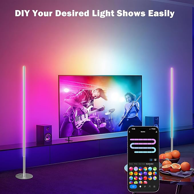 RGBW Floor Lamp, Smart LED Corner Lamp with WiFi APP Remote Control, Compatible with Alexa, 2700k-6500k Color Changing Standing Lamp for Bedroom Game Room, Modern Floor Lamp for Living Room Silver