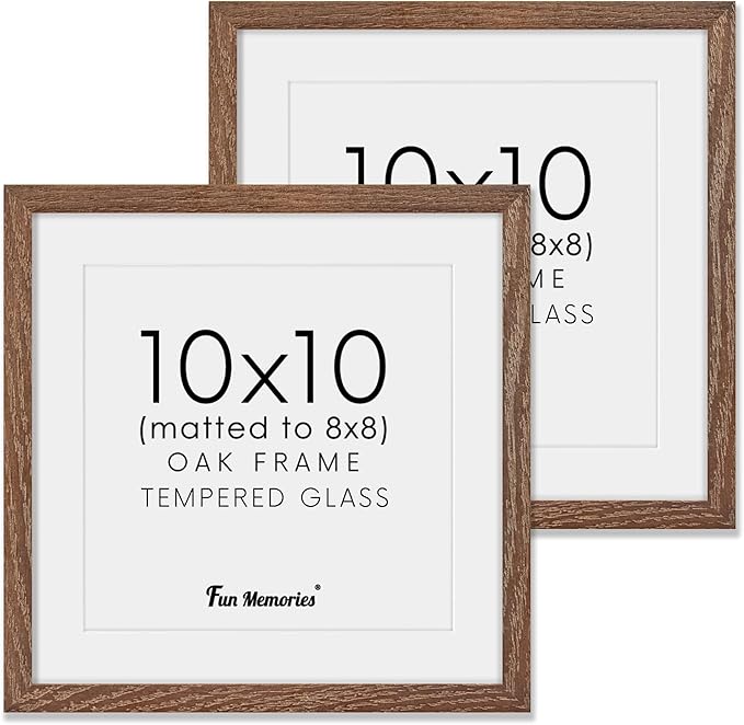 10x10 Picture Frame Set of 2, Solid Oak Wood Frame 10 x 10, 10 by 10 Wood Frames for Wall, 10x10 Picture Frame with Mat for 8x8, Square 10"x10" Photo Frames Real Glass, Walnut Color, 2 Pack