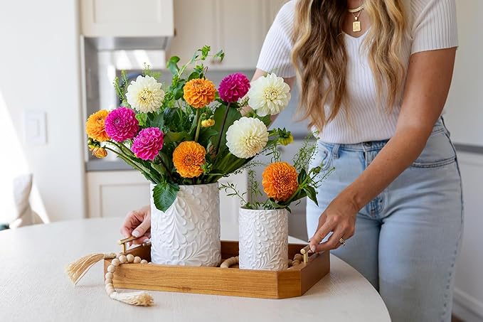 Large 7.3"+5.4" Engraved Ceramic Utensil Holder for Countertop, Cooking Utensils Organizer for Spatula, Large Utensils Crock for Kitchen Counter, Kitchen Decor, set of 2, White