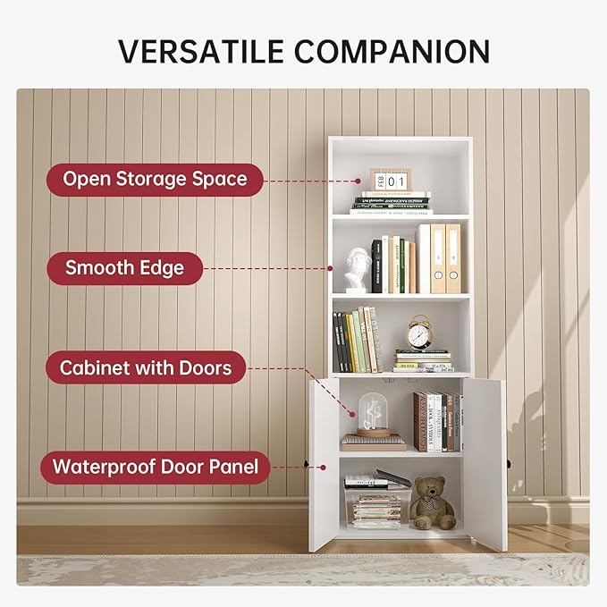 5 Tier Bookshelves and Bookcase with Doors Industrial Set of 2 Double Wide Floor Standing Book Shelf 59" Tall Display Shelves Bookshelf with Storage Cabinets for Living Room, White