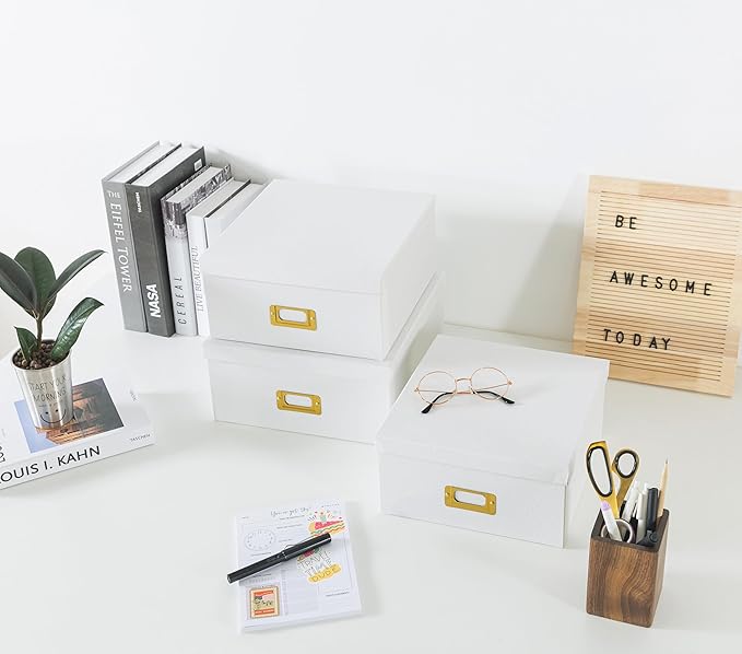 Soul & Lane White Kraft Paper Boxes for Storage - Set of 3 Square Stacking Boxes with Lids and Gold Label Holders, Decorative Photo Storage, Nesting Cardboard Containers for Decor and Organizing