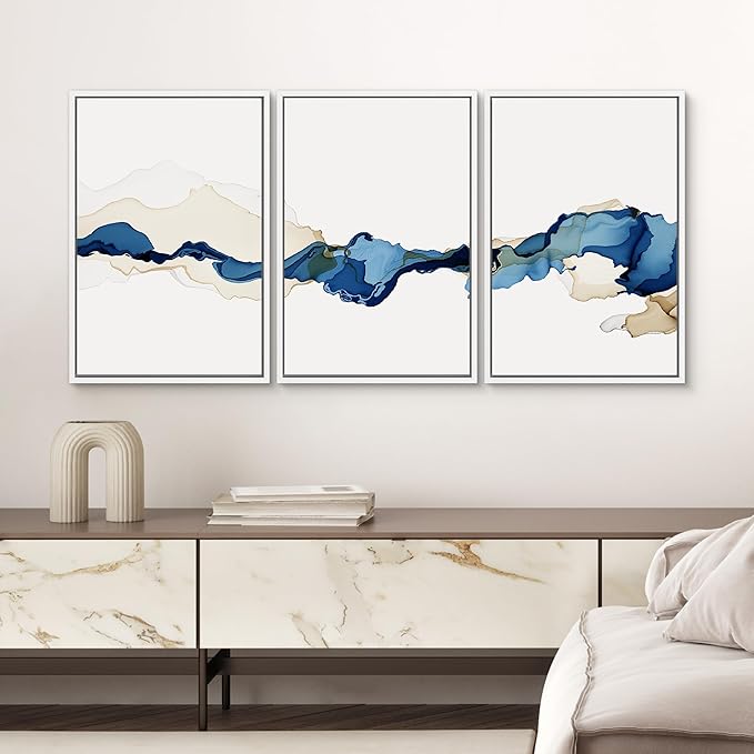 SIGNWIN 3 Piece Framed Canvas Wall Art Blue and Brown Watercolor Nature Wilderness Illustrations Abstract Traditional Relax/Calm Home Artwork Decoration for Living Room,Bedroom - 24"x36"x3 White