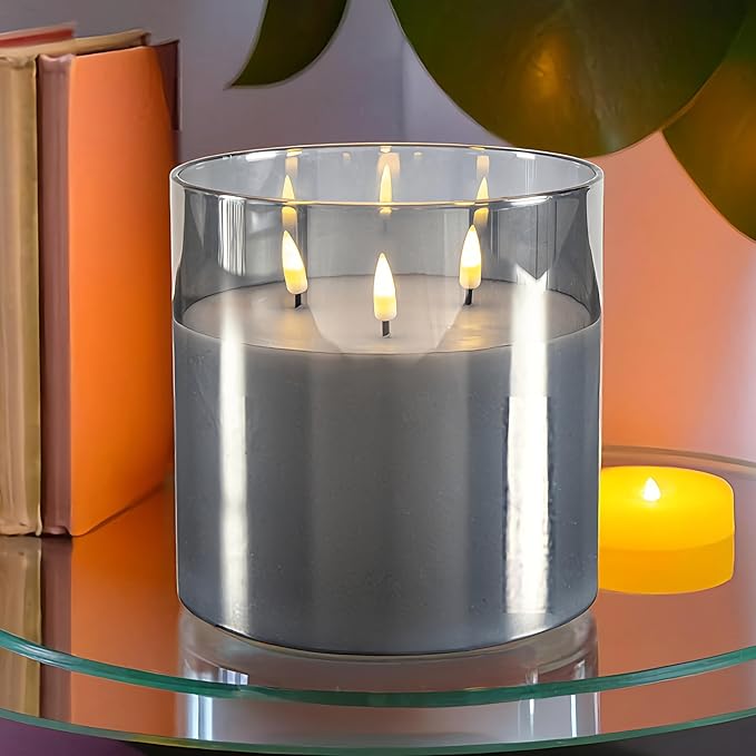 NICEME Extra Large 3 Wick Battery Operated Candle, 6"x6" Big Clear Glass Flameless Candles with Remote, Real Wax Flickering Led Pillar Fake Giant Candle for Wedding Party Holiday Home Decor, Grey
