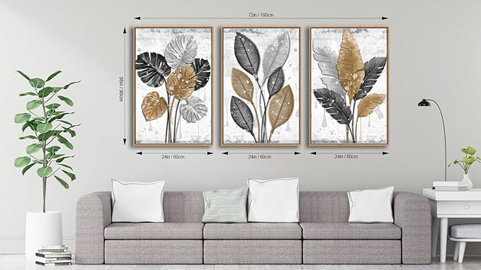 Large Framed Canvas Wall Art - Natural Float Framed Black Brown Gray Leaf Pattern Pictures Decor Rustic Foliage Plants Artwork for Living Room Bedroom Kitchen Home Office Decoration 72" X 36" Set of 3
