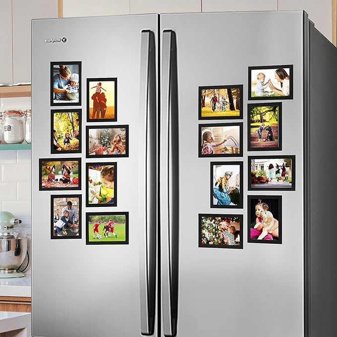 CRUGLA 4x6 Magnetic Picture Frames for Refrigerator 8 Packs, Modified Magnetic Sheet with Self Adhesive Backing, Black 4 by 6 Photo Frame Set for Locker Glass Window Door Cubicle
