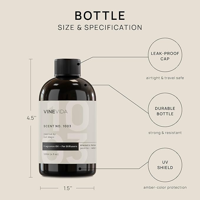 VINEVIDA [4 Fl Oz] Scent NO. 1003 Inspired by 24K Magic Fragrance Oil for Cold Air Diffusers, Aromatic Notes of Lemon Jasmine Musk, Essential Oils for Diffuser Oil Refill & Air Freshener Room Spray