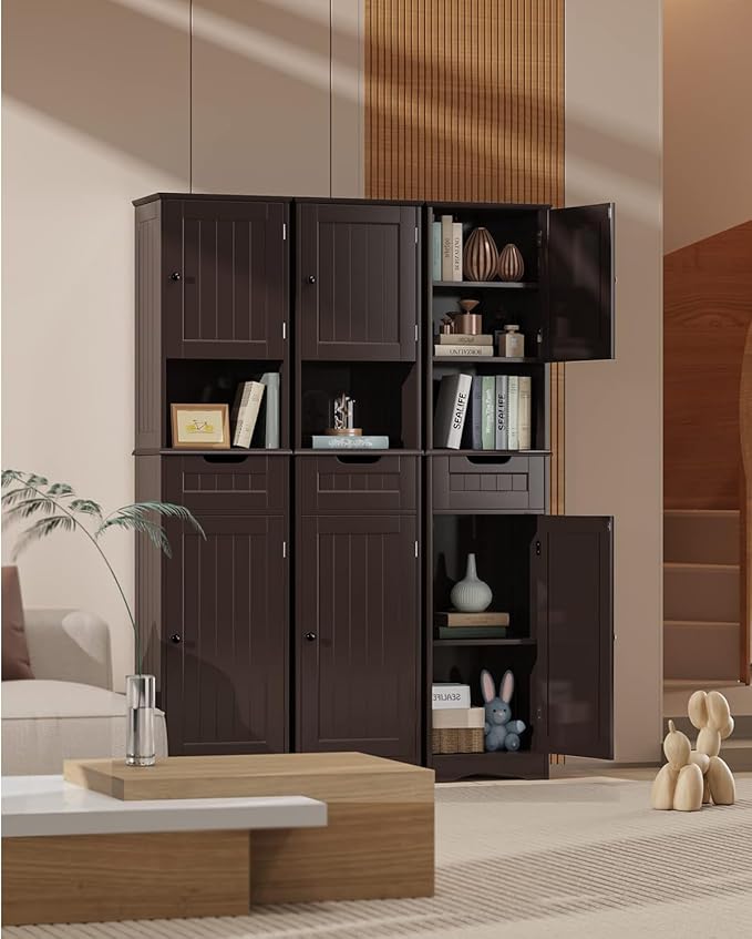 Gizoon 67" H Tall Bathroom Cabinet, Storage Cabinet with 2 Doors & Drawer, Narrow Linen Tower Freestanding Adjustable Shelves for Home, Kitchen, Versatile, Anti-Tipping, Dark Brown