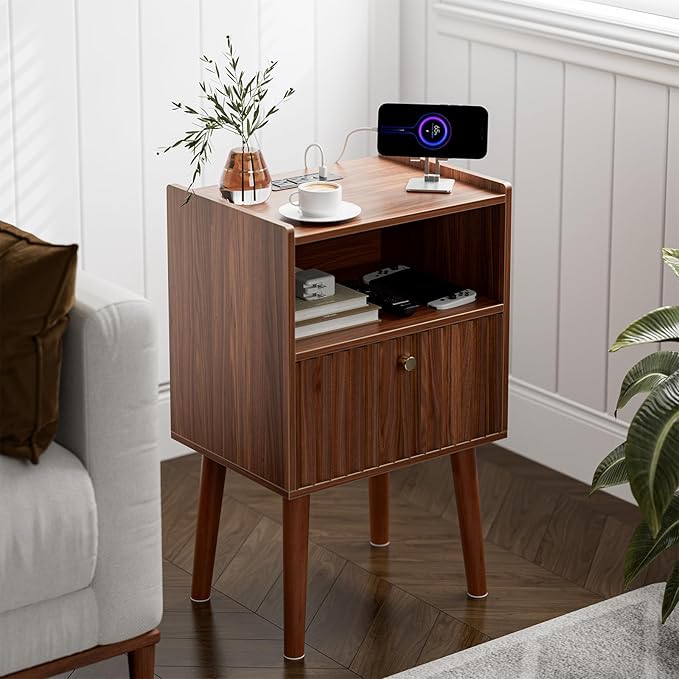 Side Table with Charging Station, Modern End Table with Fluted Drawer, Bedside Table, Night Stand with 2 Tiers Storage Space, for Bedroom, Living Room, Walnut