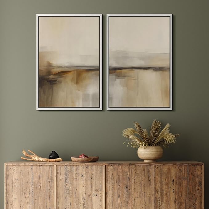 MUDECOR Framed Canvas Print Wall Art Set Abstract Beige and Brown Gradient Neutral Minimalist Landscape Illustrations Modern Art Decorative Calm for Living Room, Bedroom, Office - 16"x24"x2 White