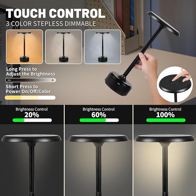 5200mAh Rechargeable Cordless LED Table Lamps Touch Sensor Light, 3-Levels Portable Dimming Wireless Battery Operated Lamp,Night Light/Restaurant Table/Outdoor/Coffee/Bar (Black)