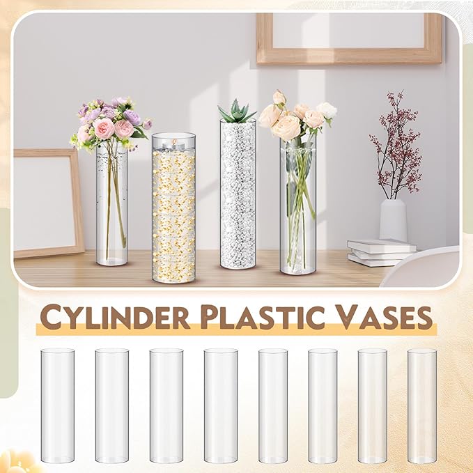 Nuogo 24 Pcs Acrylic Clear Cylinder Vase Plastic Flower Vase Unbreakable Tall for Wedding Centerpieces Party Home Plants Bouquet Decor (12 Inch)