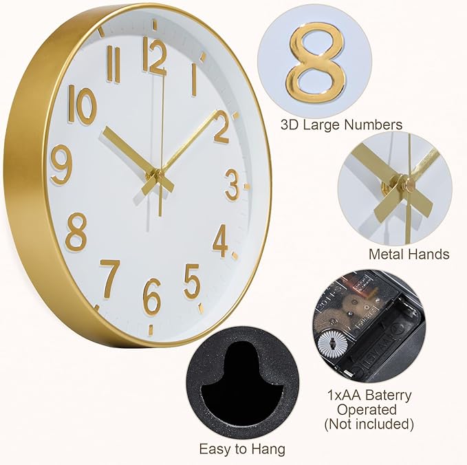 Gold Wall Clock, 8 Inch Wall Clocks Battery Operated, Round Modern Non Ticking Silent Digital Analog Small Wall Clock for Bedroom Living Room Kitchen Office Gym Classroom Outdoor Clocks