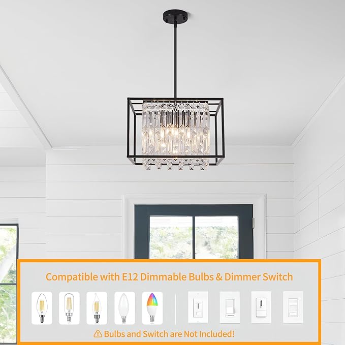 Modern 4-Light Dining Room Chandelier,Farmhouse Black Metal Chandelier,Crystal Square Industrial Pendant Light Fixture for Kitchen Island Living Room Foyer Hallway Entryway 15.75"