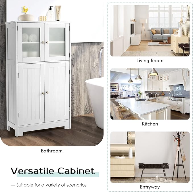 GOFLAME Bathroom Storage Cabinet, Freestanding Storage Cabinet with 4 Doors, Wooden Kitchen Cupboard with Adjustable Shelf, Buffet Sideboard, Multipurpose Home Organizer for Bathroom, Kitchen, White