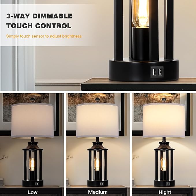 Black Living Room Lamps Set of 2, 3 Way Dimmable Touch Control Farmhouse Table Lamps with 2 USB Ports, Retro Bedside Lamp with 2 LED Nightlight,Rustic Bedroom Lamp for Nightstand(4 LED Bulbs Included)