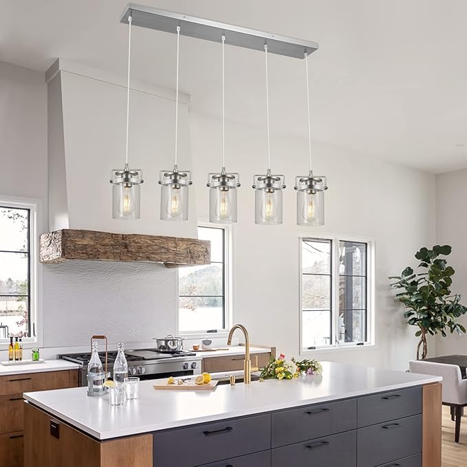 Kitchen Island Lighting, Pendant Lighting for Dining Room Kitchen Island Lighting Farmhouse Chandelier, 5 Light Hanging Linear Chandelier Brushed Nickel Pendant Lights with Clear Glass Shades