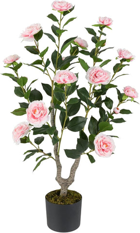 Goplus 36’’ Artificial Camellia Tree, Flower Plants Artificial Tree, Faux Floral Plant Blooming Tree in Nursery Pot, Greenery Potted Plant for Indoor Office Home Porch Decor, Pink