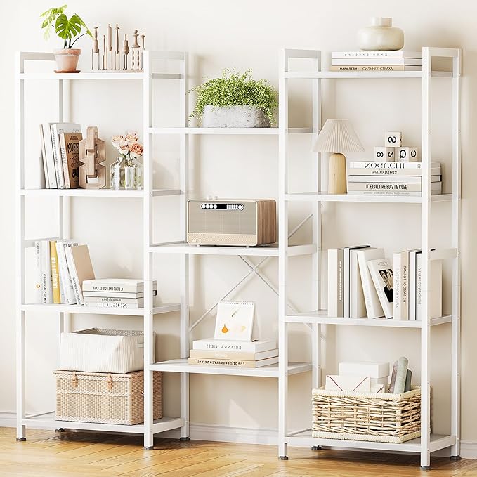 Casaottima Triple 4 Tier Bookshelf, Large Bookcase with 11 Open Display Shelves, Modern Industrial Book Shelves Book Case for Bedroom, Wide Standing Shelving Unit for Living Room Home Office, White