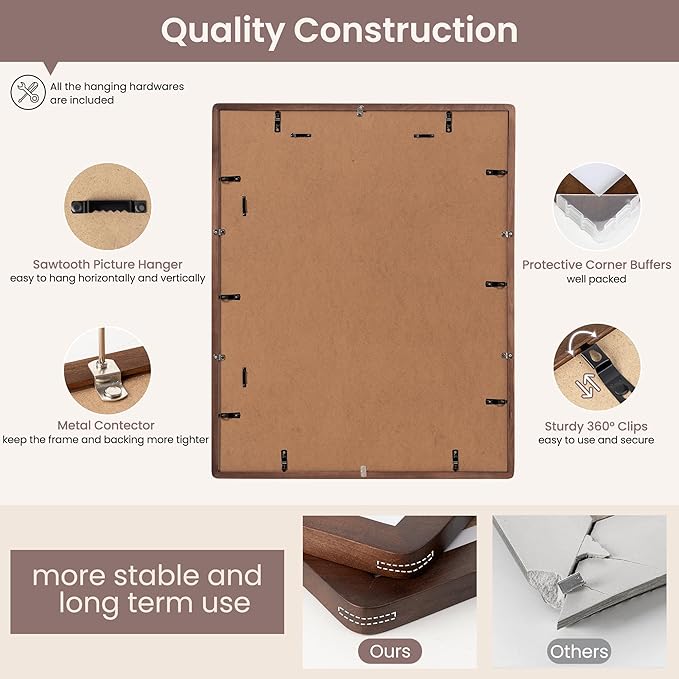 24x30 Frame - Solid Walnut Wood 24''x30'' Poster Frame, 24x30 Puzzle Frame With Mat For 18x24, Tempered Glass and Hanging Hardware Included, Minimalist 24 x 30 Poster Frame Wood, Natural Walnut