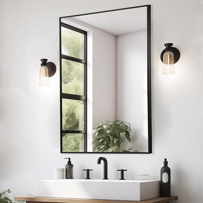 Black Bathroom Mirror, 20"x30" Rectangle Mirror, Matte Black Mirror, Metal Frame Square Corner Vanity Mirror, Wall Mounted Mirror for Modern, Living Room, Bedroom, Horizontal Or Vertical