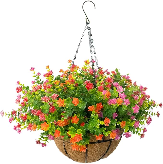 Artificial Hanging Flowers Basket, 12 UV-Resistant Bundles of Realistic Fake Flowers, Faux Plants for Outdoor Decor, Home, Garden, Porch, Patio, Spring & Summer Decorations, Orange Pink Red