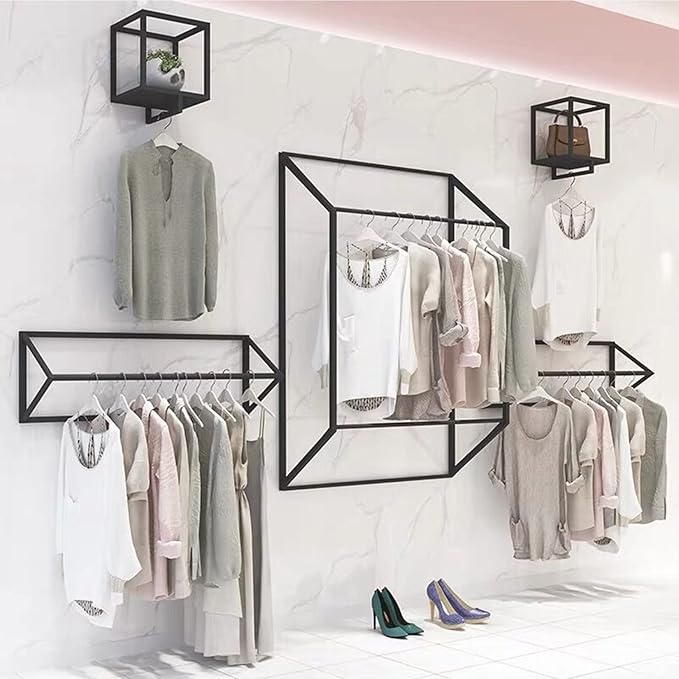 Metal Garment Racks in Boutique Clothing Stores Display,Wall-Mounted Hanging Potted Plants Clothes Shelf in Home,Towel Rack for Bathroom Storage Shelves (Black, 11.8" L)