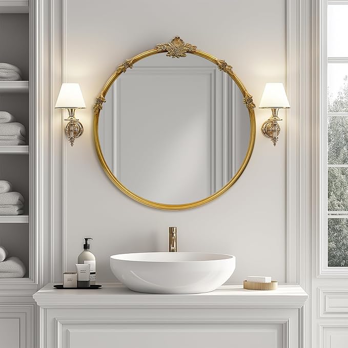 Gold Round Mirror - Baroque Style Ornate 24 Inch Mirror Suitable for Home Decoration, Bedroom, Living Room Wall Art, Retro Luxury Metal Frame Design