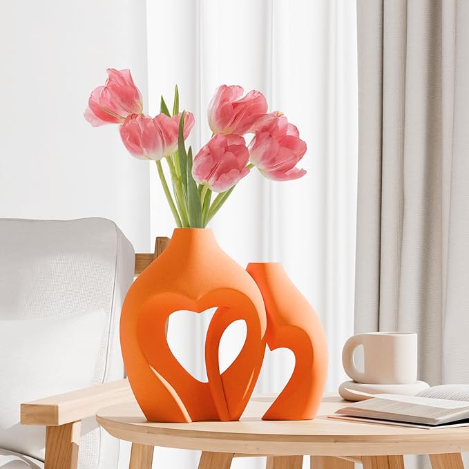 Orange Vases for Decor, Heart Shaped Ceramic Vase Set of 2, Nordic Heart Shaped Vases, Minimalist Decorative Vase for Table Centerpiece Wedding Dining Living Room Office House Decoration